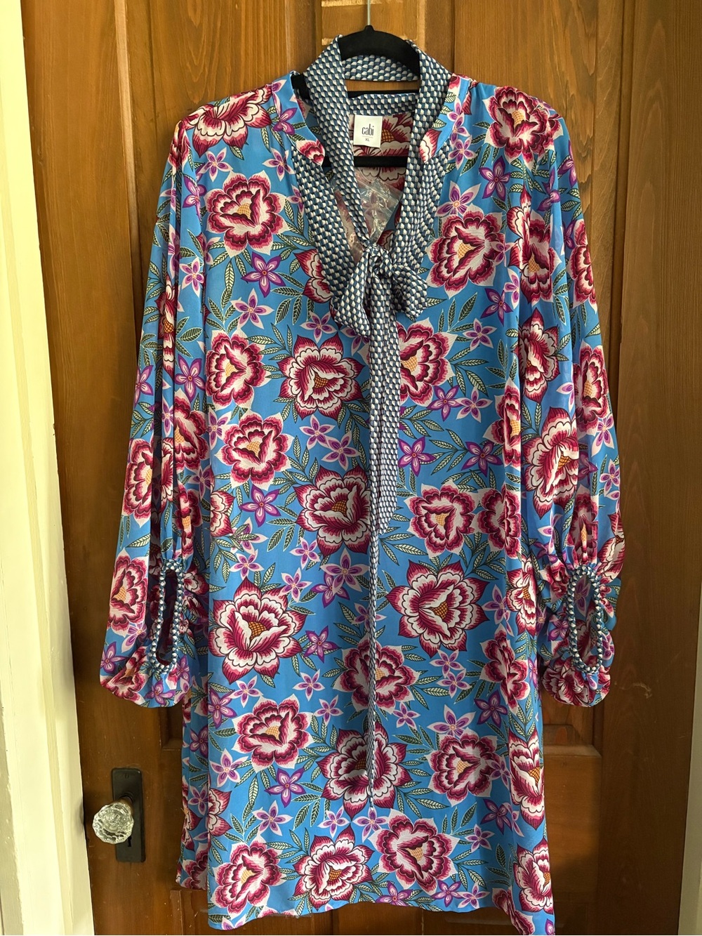 CAbi Blue Floral Tie-Neck Dress with Pink Accents